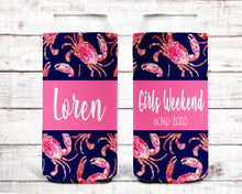 Load image into Gallery viewer, Crab Party Huggers. Slim Bachelorette or Birthday Beach Favors. Crab theme Favors. OCMD Beach Vacation! Skinny Can Crab Boil Favors
