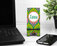 Load image into Gallery viewer, Pink and Green Damask Cell Phone Stand. Graduation Gift. Cell phone dock. Custom Phone Holder. teacher Gift! Gift for Mom.