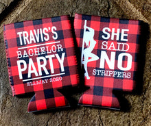 Load image into Gallery viewer, Buffalo Plaid Bachelor Party Huggers. Plaid Bachelor Party Favors! Lumberjack Bachelor Party! Flannel Fling!