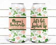 Load image into Gallery viewer, Shamrock Slim Party Huggers. St Patrick's Day Party Favors. St Patricks Bachelorette huggers. Irish Party Favors. Personalized Can Coolers!