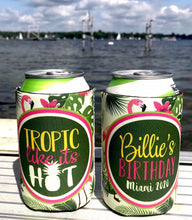 Load image into Gallery viewer, Flamingle Beverage Huggers. Beach Party Favors. Custom Tropical Birthday or Bachelorette Party Favors. Beach Party Favors!