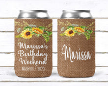 Load image into Gallery viewer, Sunflower Burlap Party Huggers. Burlap Bachelorette or Birthday Favors. Burlap Flower Huggers. Floral Wedding Shower Huggers!