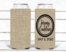 Load image into Gallery viewer, Burlap Slim party favors. 21 30 40 50 Birthday Party Huggers! Custom Wedding Favors. Bachelorette Burlap Slim Can Party Favors.