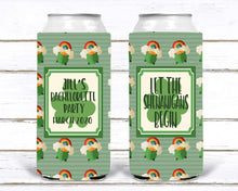 Load image into Gallery viewer, St Pat's Slim Party Huggers. St Patrick's Day Party Favors. St Patrick's Bachelorette huggers. Personalized St Pats Party Favors! Green Beer