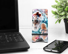 Load image into Gallery viewer, Geode Pattern Cell Phone Stand. Name or Monogram! Cell phones,I phone dock for Desk, Nightstands, Kitchen Counters!