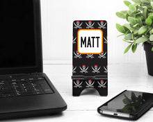 Load image into Gallery viewer, Pirate Phone Stand. Guys Cell Phone Stand, Custom phone stand for Dorm Rooms,Pirate themed gift! Pirate Party Favors!