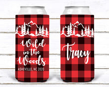Load image into Gallery viewer, Plaid Slim party huggers. Skinny can Mountain Personalized Birthday or Bachelorette Party Favors. Slim Can Asheville bachelorette party!
