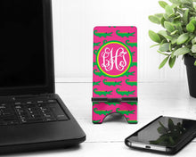 Load image into Gallery viewer, Gator Monogram Cell Phone Stand. Cell Phone Stand, Fits most Cell phones, Gator gift for teacher, mom, daughter! Preppy Alligator gift!