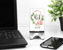 Load image into Gallery viewer, Wedding Crest Cell Phone Stand. Monogramed Phone Stand, Personalized Wedding gift! Custom gift for Bride to be. Bridesmaid proposal gift.