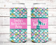 Load image into Gallery viewer, Mermaid Party huggers. Skinny can Mermaid party favors. Mermaid Birthday or Bachelorette Party Favors. Beach bachelorette party!