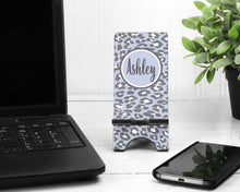 Load image into Gallery viewer, Leopard Cell Phone Stand. Custom Leopard Cell Phone Stand, Fits most Cell phones, Great Teacher or co-worker gift! Personalized Leopard Gift
