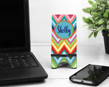 Load image into Gallery viewer, Bright Chevron Monogram Cell Phone Stand. Cell Phone Stand, Fits most all Cell phones, iPhone dock for Dorm Rooms, College, Back to School