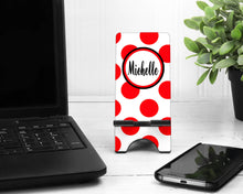 Load image into Gallery viewer, Polka Dot Cell Phone Stand. Name or Monogram! Cell phones, Iphone dock for Desk, Nightstands, Kitchen Counters!