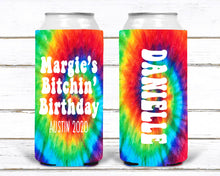 Load image into Gallery viewer, Tie Dye Party Slim Can Huggers. 70's tie dye Birthday Party Huggers. Hippie Birthday Party Favors. 70's theme Party Favors. Tie Dye Party