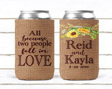 Load image into Gallery viewer, Sunflower Burlap Party Huggers. Burlap Bachelorette or Birthday Favors. Burlap Flower Huggers. Floral Wedding Shower Huggers!