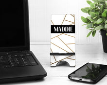 Load image into Gallery viewer, Geometric Lines Cell Phone Stand. Custom phone stands are great gifts! Gift for mom, daughter, teacher co worker! Personalized phone stand!