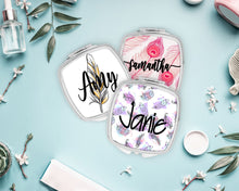 Load image into Gallery viewer, Feather Party Mirror | Birthday Party Favor | Personalized Bridesmaid Gift | Bachelorette Party Favors | Make up Mirror | Shit Kit Bags