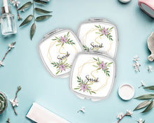 Load image into Gallery viewer, Personalized Tropical Initial Mirror | Bridal Party Favor | Bridesmaid Gift | Bachelorette Party Favors | Make up Mirror |Shit Kit Bags