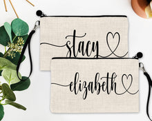 Load image into Gallery viewer, Personalized Heart Name Make up bag. Great Summer Bachelorette or Girls Weekend Favors. Make up bag Summer Party Favors! Summer Party Gifts!