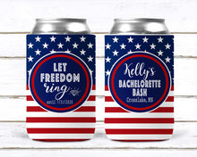 Load image into Gallery viewer, Let Freedom Ring! USA Bachelorette Party Huggers. Red White and Blue Birthday! USA Wedding Favors. America Bachelor or Birthday Favors.