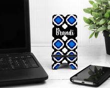 Load image into Gallery viewer, Blues Quatrefoil Cell Phone Stand. Monogram Cell Stand, Fits most Cell phones. Great teacher, mother, sister gift! Personalized gift.