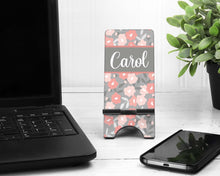 Load image into Gallery viewer, Blush and Gray Floral Cell Phone Stand. Custom Phone Holder, Party Favors! Gift for teacher, Great custom birthday gift! Graduation gift!