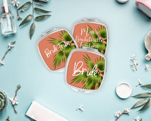 Load image into Gallery viewer, Personalized Palm leaf Mirror | Bridal Party Favor | Bridesmaid Gift | Bachelorette Party Favors | Make up Mirror |Shit Kit Bags