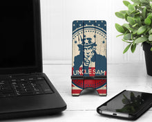 Load image into Gallery viewer, USA Cell Phone Stand. Phone Stand, Uncle Sam Gift. USA Groomsman gift, USA Gift for dad, Uncle Sam Birthday gift for son!