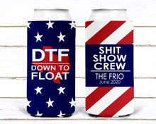 Load image into Gallery viewer, USA party huggers. Skinny can party favors. Personalized Birthday or Bachelorette Party Favors. Slim Can USA float party favors!