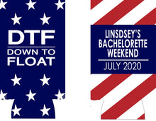 Load image into Gallery viewer, USA party huggers. Skinny can party favors. Personalized Birthday or Bachelorette Party Favors. Slim Can USA float party favors!