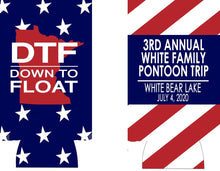 Load image into Gallery viewer, USA party huggers. Skinny can party favors. Personalized Birthday or Bachelorette Party Favors. Slim Can USA float party favors!