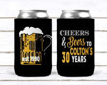 Load image into Gallery viewer, Beers and Cheers Party huggers. 21 30 40 50 Beer Birthday Favors! Bachelor Party Gifts. Cheers and Beers Party favors. Groomsman Can Cooler