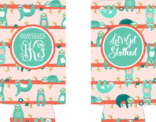 Load image into Gallery viewer, Sloth Slim Can Beverage Huggers. Custom Sloth Birthday or Bachelorette Party Favors. Personalized Sloth Theme Party Favors!