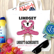 Load image into Gallery viewer, Flamingo Tote bag. Float Party Favors! Flamingo Bachelorette or Girls Weekend Tote Bag. Lake Party Bag. Bachelorete Float party! Pool Party!
