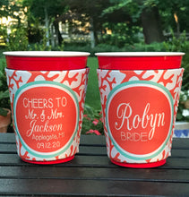 Load image into Gallery viewer, Coral Wedding or Bachelorette Huggers. Personalized Beach Bachelorette Solo Cup Coolies. Monogram Beach Huggers. Coral Beach Party Favors!