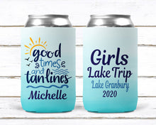 Load image into Gallery viewer, Aqua Ombre Slim Watercolor Huggers. Lake Party Favors. Personalized Bachelorette Party Ombre. Good Times and Tan Lines. Custom Lake Party !
