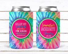 Load image into Gallery viewer, Tie Dye Personalized Huggers. Lake or River Party Favors. Tie Dye Party Favors! 70's Birthday or Bachelorette Tubing Party Favors!