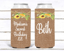 Load image into Gallery viewer, Sunflower Burlap Party Huggers. Burlap Bachelorette or Birthday Favors. Burlap Flower Huggers. Floral Wedding Shower Huggers!