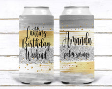 Load image into Gallery viewer, Gold "Glitter" Party Huggers. Slim Can Party. Personalized Bachelorette Party favors. Birthday Party Favors! White and Gold favors.