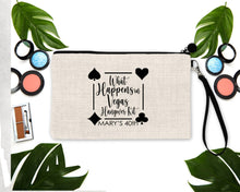 Load image into Gallery viewer, Vegas Party Linen bag. Personalized Vegas Bachelorette or Girls Weekend Favors. Bridesmaid Cosmetic Bag. Vegas Hangover Bag. Vegas Favors!