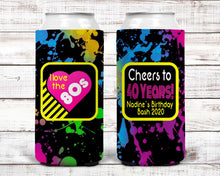 Load image into Gallery viewer, 80's Theme Party Huggers. Slim Can 80's Birthday or Bachelorette Huggers. Retro Birthday Coolies. 80's Prom Party favors!