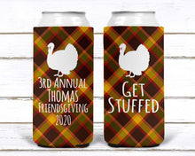 Load image into Gallery viewer, Friendsgiving Plaid Party Huggers. Thanksgiving Party Favors. Slim Friendsgiving Party Favors. Slim Can Thanksgiving Wedding Shower!