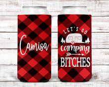 Load image into Gallery viewer, Plaid CampingParty Huggers. Plaid Bachelorette or Birthday Party Favors. Asheville Bachelorette Party Favors! Red Plaid camping Party!