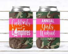 Load image into Gallery viewer, Camo Huggers. Cocktails and Campfires Party Huggers! Bachelorette Party Favors! Glamping or Camping Party! Camping Birthday. Girls weekend!