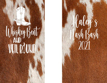 Load image into Gallery viewer, Western Cowhide Bachelorette or Birthday Slim Can Favors. Personalized Austin or Nashville Party. Custom Colorado Western Wedding Favors.