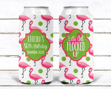 Load image into Gallery viewer, Pink Flamingo Beverage Huggers. Beach Birthday or Girls Weekend. Flamingle Bachelorette Favors. Custom Flamingo Themed Party Favors!