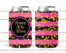 Load image into Gallery viewer, Hot Pink Black Gold Polka Dot Huggers. Boujee Bachelorette or Birthday Huggers. Personalized Polka Dot Party Favors. Fun Girls Weekend