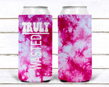 Load image into Gallery viewer, Tie Dye Party Huggers. Hippie 70's tie dye Birthday Party Huggers. Dirty 30. 70's theme Party. The Bride. Slim Can.