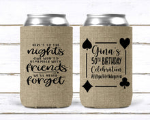 Load image into Gallery viewer, Burlap Party Favors. Slim Can Birthday Party. Personalized Bachelorette Party. Vegas Birthday Party Favors! Burlap Party favors.