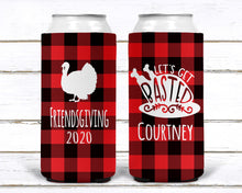 Load image into Gallery viewer, Friendsgiving Plaid Slim Party Huggers. Plaid Thanksgiving Party Favors. Turkey Party Favors! Friendsgiving Party! Plaid Skinny can favors!
